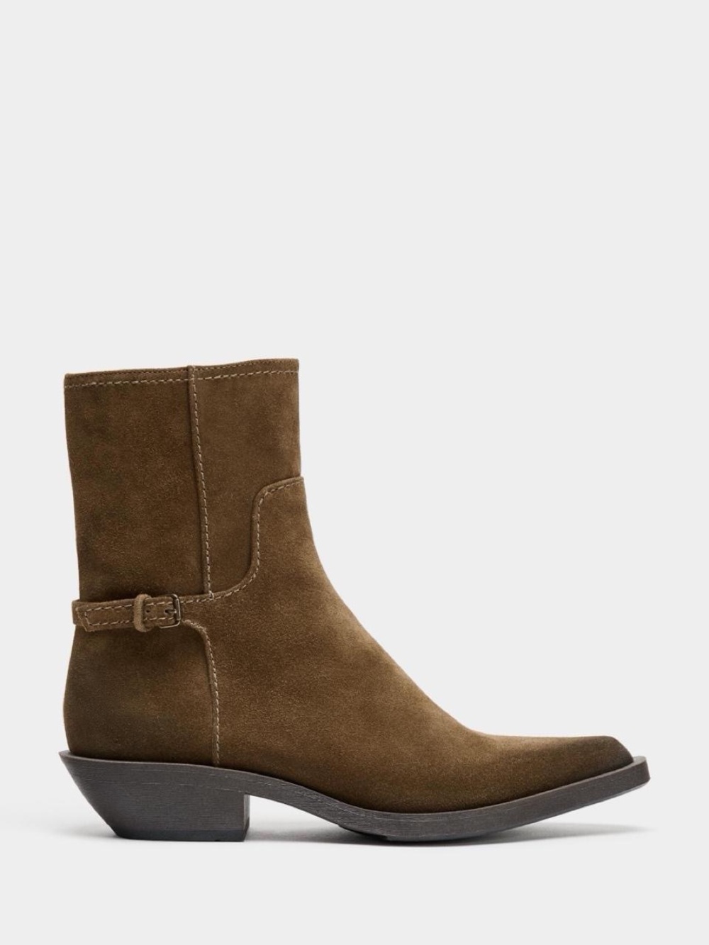 Zara Olive Suede Ankle Boot with Buckle
